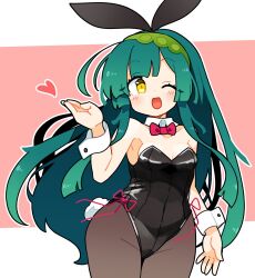 Rule 34 | 1girl, ;d, black leotard, black pantyhose, bow, bowtie, breasts, cleavage, commentary, cowboy shot, detached collar, green hair, heart, highres, ini (inunabe00), leotard, long hair, medium breasts, one eye closed, open mouth, pantyhose, playboy bunny, rabbit tail, red bow, red bowtie, smile, solo, tail, touhoku zunko, voiceroid, wrist cuffs, yellow eyes