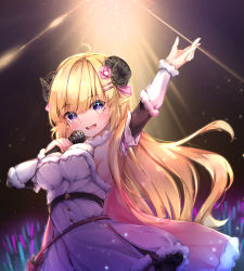 Rule 34 | 1girl, :d, ahoge, arm up, armpits, bag, blonde hair, blush, breasts, cape, commentary request, concert, detached sleeves, dress, fur-trimmed cape, fur-trimmed dress, fur-trimmed sleeves, fur trim, glowstick, hair ornament, hairclip, highres, holding, holding microphone, hololive, horns, long hair, long sleeves, looking at viewer, medium breasts, microphone, music, open mouth, pink cape, purple eyes, sheep girl, sheep horns, sideboob, singing, smile, solo, spotlight, straight hair, tsunomaki watame, tsunomaki watame (1st costume), umou (may65879), very long hair, virtual youtuber, white dress