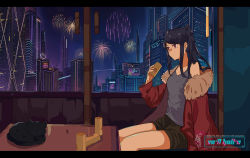 Rule 34 | 1girl, absurdres, artist name, bare shoulders, blouse, building, cat, copyright name, cup, cyberpunk, desk, dna 3000, fence, fireworks, fur jacket, grey shirt, heart (symbol), highres, holding, hood, jacket, jill stingray, knees, long hair, looking away, neon sign, night, purple hair, red eyes, red hood, shirt, shorts, sleeping, solo, tight clothes, va-11 hall-a, wall, wooden fence