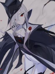Rule 34 | 1girl, arknights, ascot, black coat, black headwear, bodysuit, closed mouth, coat, commentary, covered navel, cowboy shot, gladiia (arknights), highres, leaning forward, long hair, looking at viewer, pointy ears, red eyes, silver hair, sinoda, smile, solo, standing, thighs, white ascot, white bodysuit