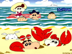 Rule 34 | 2girls, 4boys, beach, bird, blush, bo-chan, boat, boo-chan, brother and sister, buzz cut, child, cloud, copyright name, cosplay, crab, crab costume, crayon shin-chan, day, full body, hat, highres, inflatable raft, kazama tooru, kigurumi, multiple boys, multiple girls, nohara himawari, nohara shinnosuke, ocean, one-piece swimsuit, outdoors, partially submerged, sakurada nene, sand, sato masao, satou masao, shiro (shin-chan), short hair, siblings, sitting, sky, sun hat, suzuki bo, swimsuit, very short hair, wallpaper, wariza, watercraft, yellow headwear