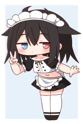 Rule 34 | 1girl, absurdres, apron, black footwear, black hair, black ribbon, black shirt, black skirt, blue background, blue eyes, blush, chibi, closed mouth, collarbone, commentary request, crop top, frilled apron, frills, full body, hair between eyes, hana kazari, hand up, heterochromia, highres, long hair, looking at viewer, maid, maid headdress, midriff, navel, neck ribbon, original, pleated skirt, puffy short sleeves, puffy sleeves, red eyes, ribbon, shirt, shoes, short sleeves, skirt, solo, standing, thighhighs, two-tone background, v, waist apron, white apron, white background, white thighhighs