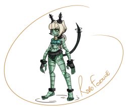 Rule 34 | 1girl, antennae, bell, bob cut, cat tail, collar, colored skin, fang, gats (nougats), green skin, joints, neck bell, robo-fortune, robot, robot girl, robot joints, silver hair, skullgirls, solo, tail, winding key, yellow eyes
