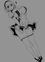 Rule 34 | !, 1girl, absurdres, apron, azur lane, black footwear, blush, breasts, cleavage, clenched hand, dress, dutch angle, frilled apron, frilled dress, frills, full body, greyscale, hairband, hand up, highres, large breasts, looking at viewer, maid, maid apron, miniskirt, monochrome, open mouth, panties, puffy short sleeves, puffy sleeves, shoes, short hair, short sleeves, sirius (azur lane), skirt, solo, standing, sweatdrop, thighhighs, underwear, wavy mouth, whoosaku