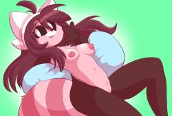 Rule 34 | 1girl, absurdres, ahoge, animal ears, black sclera, breasts, colored sclera, creatures (company), cushion, female focus, furry, furry female, game freak, gen 7 pokemon, green background, hand up, highres, long hair, looking to the side, lying, maroon hair, medium breasts, navel, nintendo, nipples, nude, on back, open mouth, personification, pokemon, pokemon (creature), pokemon sm, prettypurple, pussy, simple background, smile, solo, spread legs, stufful, tail, uncensored, w, white eyes
