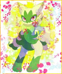 Rule 34 | :3, animal hands, border, claws, creatures (company), floragato, furry, game freak, green fur, hand on own hip, highres, loki (regulus 1111), looking at viewer, multicolored background, neck fur, nintendo, petals, pokemon, pokemon (creature), red eyes, yellow border