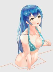 Rule 34 | 10s, 1girl, alternate breast size, areola slip, bikini, bikini top only, blue hair, blush, bottomless, breasts, clothes pull, collarbone, flashing, long hair, looking up, love live!, love live! school idol project, mebin, medium breasts, navel, one-piece swimsuit pull, open mouth, polka dot, polka dot bikini, simple background, solo, sonoda umi, swimsuit, upper body, yellow eyes