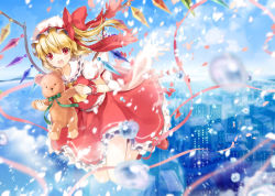 Rule 34 | 1girl, 6u (eternal land), :d, bad id, bad pixiv id, blonde hair, blurry, blush, building, female focus, flandre scarlet, flying, holding, kiyu, looking at viewer, open mouth, red eyes, side ponytail, smile, solo, stuffed animal, stuffed toy, teddy bear, touhou, water, wings