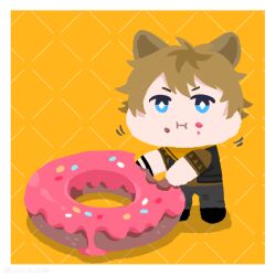 Rule 34 | blue eyes, brown hair, commentary request, doughnut, eating, food, food on face, full body, hyena boy, hyena ears, looking at viewer, mini person, miniboy, munmun0 0, ruggie bucchi, short hair, twisted wonderland, yellow background