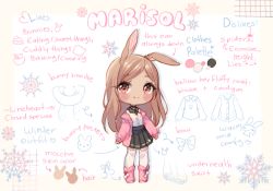 Rule 34 | 1girl, arrow (symbol), artist name, black shirt, black skirt, blush, boots, brown eyes, brown hair, character profile, chibi, closed eyes, collared shirt, commentary, commission, english commentary, english text, hood, hood down, hooded jacket, hyanna-natsu, jacket, long hair, long sleeves, looking at viewer, off shoulder, open clothes, open jacket, original, pink footwear, pink jacket, pleated skirt, rabbit, shirt, skirt, sleeves past wrists, smile, snowflakes, solo, standing, swept bangs, thighhighs, thighhighs under boots, very long hair, watermark, white shirt, white thighhighs