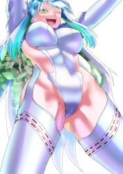 Rule 34 | 1girl, ask 3s, blue hair, breasts, colored inner hair, covered navel, crystal hair, fate/grand order, fate (series), gloves, gluteal fold, green eyes, green hair, highres, juliet sleeves, kukulkan (fate), kukulkan (second ascension) (fate), large breasts, leotard, light blue hair, long hair, long sleeves, looking at viewer, multicolored hair, one eye closed, open mouth, puffy sleeves, sideless outfit, sidelocks, simple background, smile, solo, thighhighs, thighs, white background, white gloves, white leotard, white thighhighs