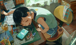 Rule 34 | 1girl, asymmetrical bangs, black bra, black hair, blue shorts, book, book stack, bra, bracelet, calendar (object), camisole, carpet, chair, closed eyes, cup, curtains, desk, drawer, drinking glass, electric fan, eraser, exhausted, frown, green camisole, hand on table, head on table, highres, holding, holding pen, ice, ice cube, iced tea, indoors, jewelry, kotatiyu, office chair, open mouth, original, pen, pen holder, phone, photo (object), short hair, shorts, sitting, solo, sticker, stuffed animal, stuffed toy, swivel chair, teddy bear, tomboy, towel, underwear, white curtains, window, wooden floor