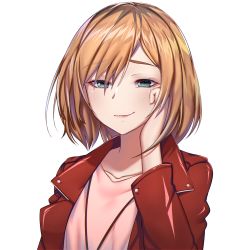 Rule 34 | 1girl, artist request, blue eyes, blush, brown hair, hand on own cheek, hand on own face, highres, jacket, kaiend, looking at viewer, miyamori aoi, pink shirt, red jacket, shirobako, shirt, short hair, simple background, smile, smirk, solo, upper body, white background