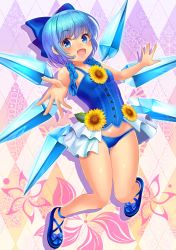 Rule 34 | 1girl, :d, absurdres, alternate costume, bare arms, bare shoulders, blue bow, blue eyes, blue hair, blue panties, blush, bow, breasts, camisole, cirno, flower, foreshortening, full body, hair bow, highres, ice, ice wings, lace, lace-trimmed panties, lace trim, looking at viewer, open mouth, panties, short hair, small breasts, smile, solo, sunflower, touhou, uemura shun, underwear, wings
