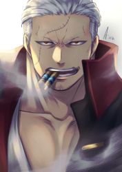 Rule 34 | 1boy, aion kiu, bara, cigar, coat, facial hair, goatee, looking at viewer, male focus, mature male, muscular, muscular male, one piece, partially unbuttoned, pectoral cleavage, pectorals, portrait, scar, scar across eye, scar on face, short hair, sideburns, smoker (one piece), smoking, solo, stitches, stubble, white hair