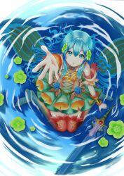 Rule 34 | 1girl, absurdres, aqua eyes, aqua hair, boots, bracelet, dress, eirika (fire emblem), fire emblem, fire emblem: the sacred stones, fire emblem heroes, flower, green flower, hair between eyes, hair flower, hair ornament, highres, howaito gyuunyuu, jewelry, lily pad, long hair, looking at viewer, multicolored clothes, multicolored dress, nintendo, official alternate costume, open mouth, outstretched hand, partially submerged, seiza, sitting, skirt, solo, sword, thigh boots, water, weapon