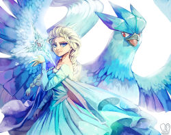 Rule 34 | articuno, blonde hair, blue dress, blue eyes, commentary, creatures (company), crossover, dress, elsa (frozen), english commentary, frozen (disney), game freak, gen 1 pokemon, highres, ice, legendary pokemon, long hair, long sleeves, looking at viewer, nintendo, parted lips, pokemon, pokemon (creature), red eyes, sa-dui, signature, simple background, smile, standing, white background