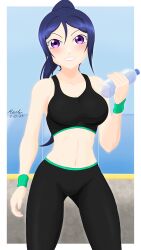 Rule 34 | absurdres, artist name, blue hair, bottle, bracelet, breasts, highres, holding, im-masterx, jewelry, large breasts, long hair, looking at viewer, love live!, love live! sunshine!!, matsuura kanan, ponytail, purple eyes, simple background, smile, sports bra, sportswear, thighs, water bottle