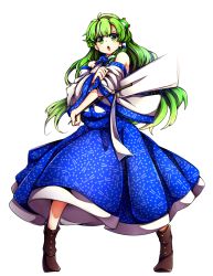 Rule 34 | 1girl, baba (baba seimaijo), boots, detached sleeves, frog hair ornament, full body, gohei, green eyes, green hair, hair ornament, hair tubes, highres, image sample, japanese clothes, kochiya sanae, long hair, long sleeves, matching hair/eyes, miko, oonusa, open mouth, resolution mismatch, shirt, skirt, snake hair ornament, solo, source larger, touhou, transparent background, wide sleeves