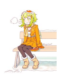 Rule 34 | 1girl, aegissanp, bench, black thighhighs, boots, breath, broken heart print, carrot hair ornament, cold, collarbone, collared jacket, cropped jacket, denim, denim skirt, food-themed hair ornament, fur-trimmed boots, fur trim, gloves, goggles, goggles on head, gumi, hair between eyes, hair ornament, hairclip, high-waist skirt, highres, jacket, light blush, long sleeves, mittens, on bench, orange gloves, orange jacket, orange mittens, pantyhose, red-tinted eyewear, scarf, shirt, short hair with long locks, sidelocks, sitting, skirt, smile, snow, solo, thighhighs, tinted eyewear, vocaloid, wavy hair, white shirt, winter, winter clothes, winter gloves, yellow footwear, yellow scarf