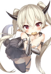 Rule 34 | 10s, 1girl, absurdres, armor, black skirt, black thighhighs, brown hair, cookie, darnell, fangs, flat chest, food, hand to own mouth, highres, horns, isekai maou to shoukan shoujo no dorei majutsu, krebskulm, leaning forward, long hair, looking at viewer, miniskirt, mouth hold, pointy ears, red eyes, revealing clothes, simple background, single thighhigh, skirt, smile, solo, tail, thigh strap, thighhighs, twintails, white background