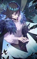 Rule 34 | 1boy, absurdres, arthropod boy, black hair, blanca (fate), bug, butterfly, claws, cloak, closed eyes, closed mouth, collared shirt, commentary request, cowboy shot, crown, diamond hairband, fate/grand order, fate (series), feather boa, fur-trimmed cloak, fur trim, glowing, highres, insect, insect wings, long sleeves, male focus, medium hair, moth, nakii, oberon (fate), oberon (third ascension) (fate), official alternate costume, official alternate hair color, puffy sleeves, shirt, smile, solo, spoilers, white shirt, wings