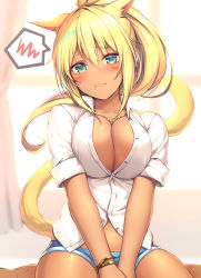 Rule 34 | 1girl, animal ears, aqua eyes, bangle, blonde hair, blush, bracelet, breasts, cat day, cat ears, cat tail, cleavage, closed mouth, collarbone, dark-skinned female, dark skin, embarrassed, facial mark, final fantasy, final fantasy xiv, gold, jewelry, large breasts, long hair, looking at viewer, miqo&#039;te, mutsuba fumi, ponytail, shirt, sidelocks, sitting, sleeves rolled up, solo, spoken squiggle, squiggle, tail, wariza, warrior of light (ff14), white shirt