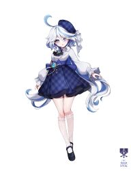 Rule 34 | 1girl, :o, alternate costume, ankkoyom, ascot, beret, black ascot, black footwear, blue eyes, blue gemstone, blue hair, blue hat, blue skirt, bow, brooch, colored inner hair, commentary request, drop-shaped pupils, frilled sleeves, frills, full body, furina (genshin impact), gem, genshin impact, hat, heterochromia, highres, jewelry, long hair, long sleeves, looking at viewer, mary janes, multicolored hair, open mouth, plaid, plaid skirt, shirt, shoes, simple background, skirt, socks, solo, streaked hair, symbol-shaped pupils, tachi-e, very long hair, vision (genshin impact), waist bow, white background, white hair, white shirt, white socks