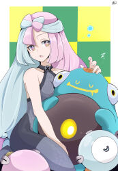 Rule 34 | 1girl, bellibolt, bodysuit, breasts, bubble, collarbone, commentary request, creatures (company), eyelashes, game freak, green hair, grey bodysuit, hand up, highres, iono (pokemon), long hair, looking at viewer, medium breasts, mochi curry, multicolored hair, nintendo, no jacket, open mouth, pokemon, pokemon (creature), pokemon sv, purple eyes, purple hair, sleeping, two-tone hair, zzz