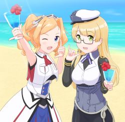 Rule 34 | 2girls, beach, blonde hair, blue eyes, breast pocket, breasts, corset, cowboy shot, drill hair, drink, geometrie, glasses, green eyes, hat, headgear, highres, honolulu (kancolle), kantai collection, large breasts, long hair, looking at viewer, military, military uniform, multiple girls, northampton (kancolle), open mouth, peaked cap, pencil skirt, pocket, red neckwear, shaka sign, skirt, sleeveless, sleeveless jacket, twin drills, twintails, uniform, white headwear