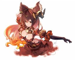 Rule 34 | 10s, 1girl, animal ears, anthuria, arm behind head, artist name, black gloves, breasts, brown dress, brown eyes, brown hair, cleavage, commentary, dress, elbow gloves, erune, frilled dress, frills, gloves, gradient hair, granblue fantasy, hair between eyes, hair ornament, large breasts, long hair, looking at viewer, matching hair/eyes, multicolored hair, orange hair, puffy short sleeves, puffy sleeves, short sleeves, signature, simple background, solo, wavy hair, white background, yoo (tabi no shiori)