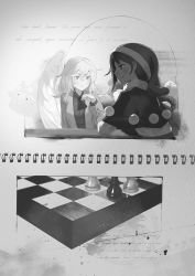 Rule 34 | 2girls, board game, capelet, chess, chess piece, chessboard, doremy sweet, from behind, greyscale, hat, kishin sagume, monochrome, multiple girls, single wing, touhou, wings, yamamomo (plank)