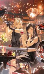 Rule 34 | 3girls, 6+boys, absurdres, alcohol, animal, apron, bar (place), bare shoulders, barret wallace, birthday, black hair, black shirt, black shorts, black vest, blonde hair, blue eyes, bottle, cait sith (ff7), cat, cellphone, chinese commentary, cid highwind, cloud strife, cocktail shaker, commentary request, confetti, crop top, cup, denzel (ff7), drinking glass, duoj ji, final fantasy, final fantasy vii, final fantasy vii advent children, fingerless gloves, flame-tipped tail, flower, gloves, heart, highres, holding, holding cup, indoors, long hair, looking at viewer, marlene wallace, maru (ff7), midriff peek, multiple boys, multiple girls, navel, one eye closed, party popper, phone, recording, red eyes, red xiii, shirt, shorts, sitting, sleeveless, sleeveless shirt, smartphone, smile, spiked hair, tank top, tifa lockhart, vest, vincent valentine, waist apron, white cat, white tank top, wine bottle, yellow flower, yuffie kisaragi