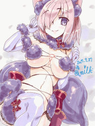 Rule 34 | 1girl, animal ears, black-framed eyewear, breasts, dated, elbow gloves, eyes visible through hair, fate/grand order, fate (series), fur trim, gloves, hair over one eye, halloween, halloween costume, large breasts, light purple hair, looking at viewer, mash kyrielight, mash kyrielight (dangerous beast), miuku (marine sapphire), navel, official alternate costume, purple eyes, purple gloves, purple hair, revealing clothes, short hair, signature, solo, tail, thighhighs, wolf ears, wolf tail