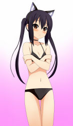 Rule 34 | 1girl, animal ears, bare shoulders, bikini, black bikini, black hair, blush, breasts, brown eyes, cat ears, choker, covering privates, covering breasts, flat chest, gradient background, highres, k-on!, kenken, long hair, nakano azusa, solo, swimsuit, thigh gap, twintails