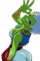 Rule 34 | 1girl, arabian clothes, ass, bare shoulders, blue vest, bokkusu, bracer, breasts, bulma, bulma (cosplay), cheelai, cleavage, clenched teeth, colored skin, cosplay, curvy, dragon ball, dragon ball super, dragon ball super broly, female focus, from above, from behind, green skin, grin, harem pants, impossible clothes, jewelry, looking at viewer, looking back, looking up, medium breasts, neck, neck ring, ok sign, pants, purple eyes, sash, short hair, simple background, smile, solo, teeth, vambraces, vest, white background, white hair, white pants