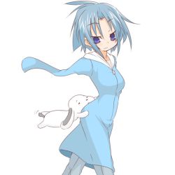 Rule 34 | 100 percent orange juice, 1girl, amputee, animal, blue dress, blue hair, blush, breasts, closed mouth, collarbone, commentary request, dog, double amputee, dress, grey pants, hair between eyes, head tilt, hono, hood, hood down, hooded dress, medium breasts, nath (orange juice), official art, pants, purple eyes, short hair, simple background, solo, suguri, white background