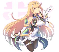 Rule 34 | 1girl, bare legs, bare shoulders, blonde hair, breasts, cat with a brush, chest jewel, cleavage cutout, clothing cutout, dress, earrings, elbow gloves, gloves, highres, jewelry, large breasts, long hair, mythra (massive melee) (xenoblade), mythra (xenoblade), nintendo, pantyhose, smash invitation, solo, super smash bros., xenoblade chronicles (series), xenoblade chronicles 2