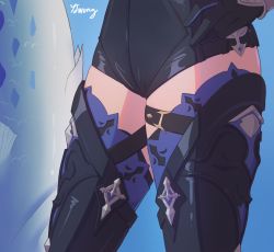 Rule 34 | 1girl, blue background, close-up, eula (genshin impact), fish, genshin impact, gloves, hand on own hip, highres, leotard, lower body, signature, simple background, solo, thigh strap, thighhighs, thighs, vambraces, weapon, yjwong