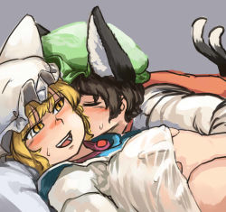 Rule 34 | 2girls, age difference, animal hat, black hair, blonde hair, blush, breasts, chanta (ayatakaoisii), chen, close-up, closed eyes, green hat, groping, hand under clothes, hat, huge breasts, kiss, long sleeves, looking at another, lying, mob cap, multiple girls, multiple tails, nose blush, on back, open mouth, pillow, purple background, red shirt, see-through, shirt, short hair, simple background, sweatdrop, tail, teeth, touhou, two tails, white hat, white shirt, yakumo ran, yellow eyes, yuri