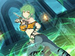 Rule 34 | 1girl, architecture, aura, belt, breast tattoo, breasts, denim, fighting stance, gothic architecture, green hair, hikage (senran kagura), hip tattoo, jeans, knife, large breasts, looking at viewer, machete, night, non-web source, official art, open belt, pants, senran kagura, senran kagura new link, slit pupils, snake print, snake tattoo, tattoo, torn clothes, torn jeans, torn pants, yellow eyes