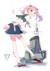 Rule 34 | animal, animal on head, apron, rabbit, rabbit on head, commentary request, frilled skirt, frills, full body, hair bobbles, hair ornament, highres, kantai collection, kneeling, leaning forward, looking at viewer, medium hair, neck ribbon, on head, pink eyes, pink hair, pleated skirt, ribbon, rigging, sailor collar, sazanami (kancolle), sazanami kai (kancolle), school uniform, serafuku, skirt, solo, totto (naka), twintails, waist apron, white background, white legwear, wrist cuffs