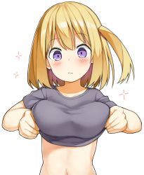 1girl blonde_hair blush breasts clothes_lift dairininn highres large_breasts looking_at_viewer navel purple_eyes shirt shirt_lift short_hair side_ponytail simple_background solo white_background