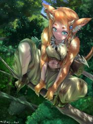 Rule 34 | 1girl, aqua eyes, artist request, body fur, closed mouth, day, ear piercing, earrings, fantasy, forest, furry, furry female, highres, horns, jewelry, landscape, muscular, nature, orange fur, original, outdoors, piercing, scenery, scratches, short hair, sitting, smile, solo, tree
