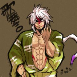 Rule 34 | 1boy, 3:, :3, abs, bad id, bad pixiv id, animal crossing, japanese clothes, kabuki (animal crossing), male focus, muscular, nintendo, personification, white hair