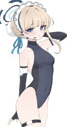Rule 34 | 1girl, arm behind head, arm up, black gloves, black leotard, blonde hair, blue archive, blue eyes, blue ribbon, braid, breasts, cowboy shot, earpiece, elbow gloves, fingerless gloves, gloves, hair ribbon, halo, highres, leotard, light blush, looking at viewer, maid headdress, nk ym2, parted lips, ribbon, short hair, simple background, skin tight, small breasts, solo, thigh strap, toki (blue archive), white background
