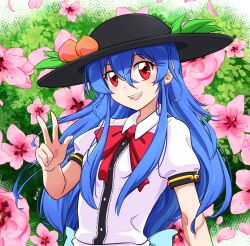 Rule 34 | 1girl, absurdres, artist name, black headwear, blue hair, bow, flower, highres, hinanawi tenshi, long hair, open mouth, peach hat ornament, rakkidei, red bow, red eyes, shirt, short sleeves, smile, solo, touhou, v, white shirt
