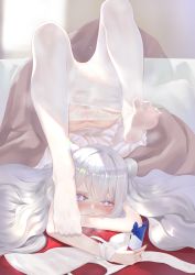 Rule 34 | + +, 1girl, absurdres, ass, azur lane, bed, bed sheet, black nails, blush, cellphone, clothes pull, commentary request, day, double bun, feet, french flag, gymnastics, hair bun, highres, indoors, le malin (azur lane), le malin (sleepy sunday) (azur lane), legs over head, light particles, long hair, looking at phone, lying, nail polish, on bed, on stomach, panties, pantyhose, phone, pout, purple eyes, silver hair, smartphone, solo, spread toes, sunlight, sweat, symbol-shaped pupils, thighs, toes, underwear, ursica, very long hair, white pantyhose, window