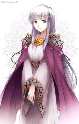 Rule 34 | 1girl, artist name, breasts, cape, collarbone, dress, eyelashes, feet out of frame, fire emblem, fire emblem: genealogy of the holy war, julia (fire emblem), long hair, long sleeves, looking at viewer, medium breasts, nintendo, own hands together, parted lips, purple cape, purple dress, purple eyes, shirokuroma 29, sidelocks, silver hair, simple background, solo, twitter username, white background, wide sleeves