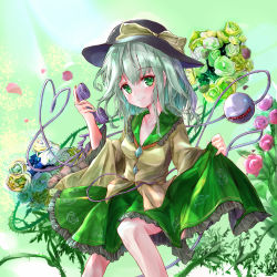 Rule 34 | 1girl, absurdres, blush, closed mouth, feet out of frame, floral print, flower, green eyes, green flower, green hair, green rose, hat, heart, heart of string, highres, ikazuchi akira, komeiji koishi, long hair, looking at viewer, pink flower, pink rose, plant, rose, simple background, skirt hold, smile, solo, third eye, thorns, touhou, vines, wide sleeves